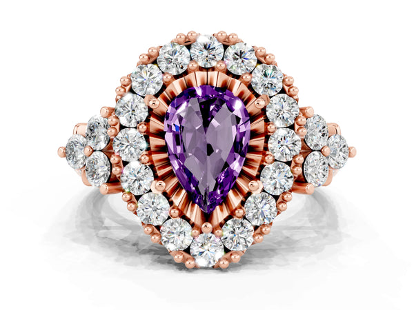 Rose gold Pear Cut Amethyst Halo Ring with Pavé Band and Four-Prong Setting