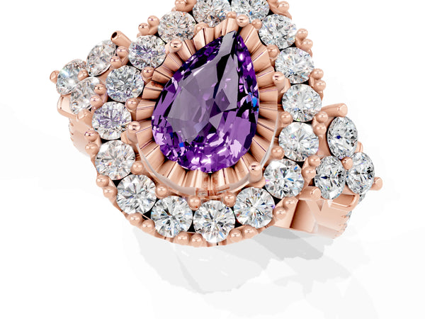 Rose gold Pear Cut Amethyst Halo Ring with Pavé Band and Four-Prong Setting