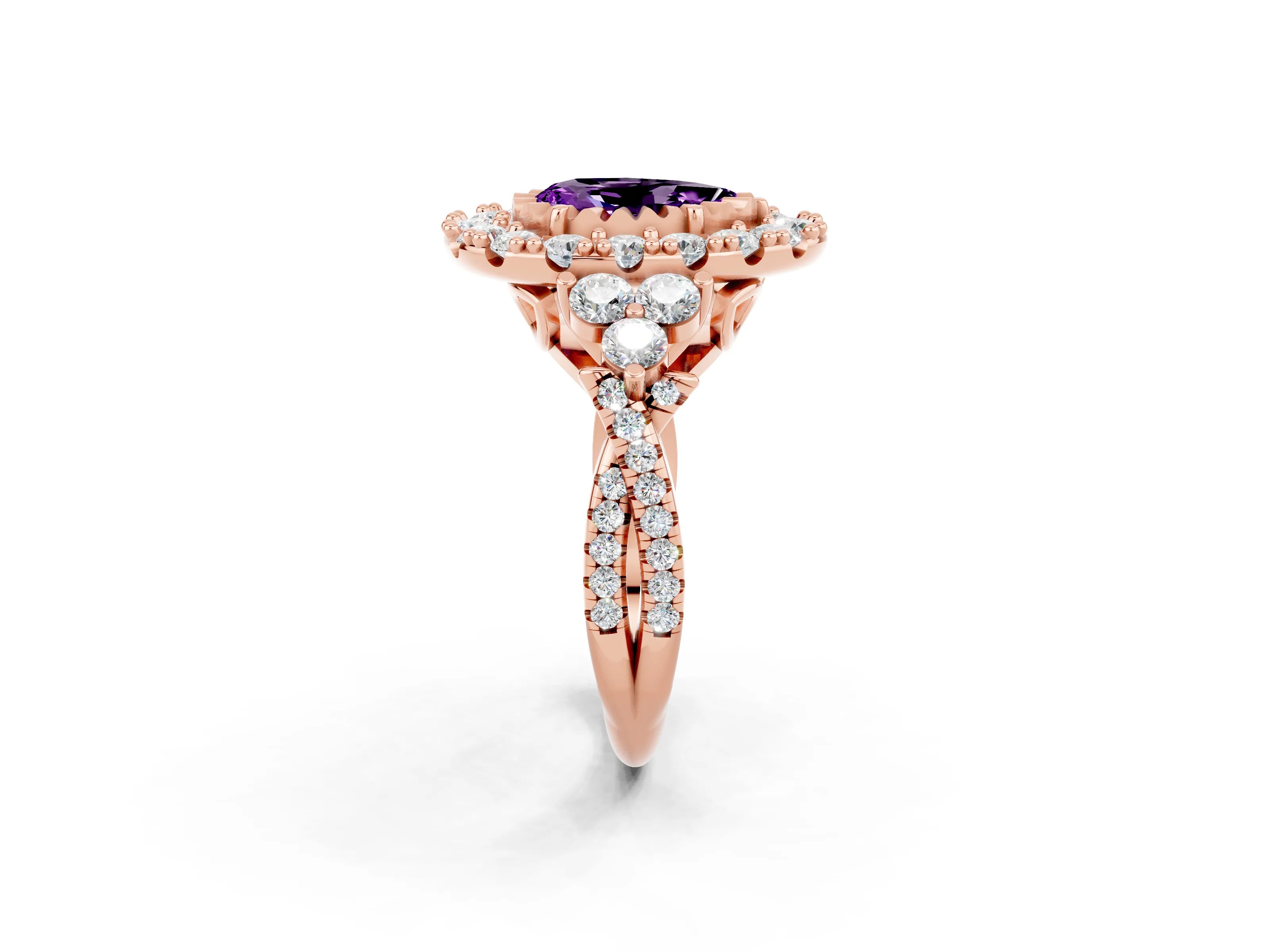 Rose gold Pear Cut Amethyst Halo Ring with Pavé Band and Four-Prong Setting_14