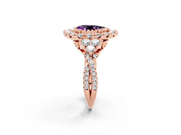 Rose gold Pear Cut Amethyst Halo Ring with Pavé Band and Four-Prong Setting