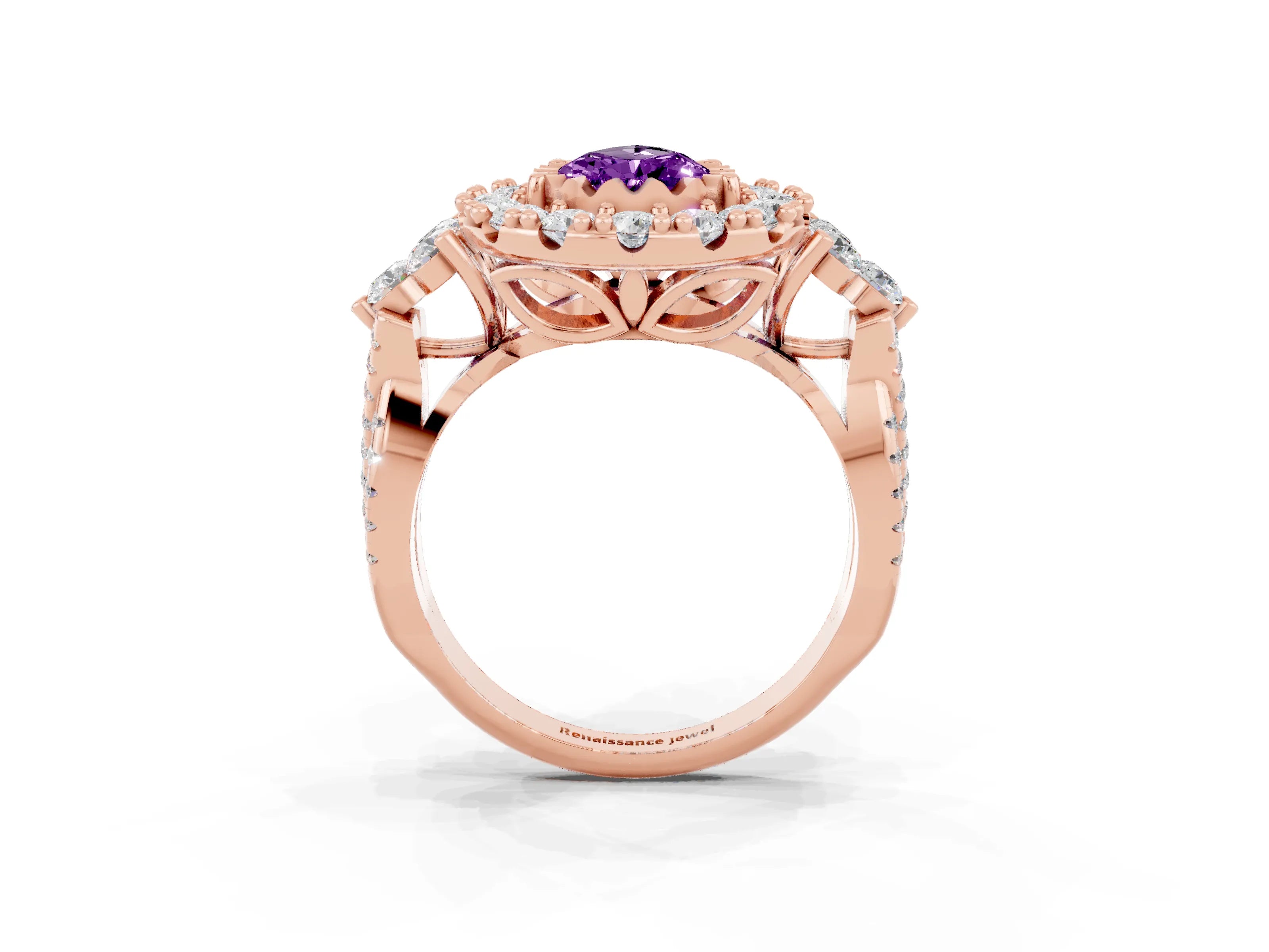 Rose gold Pear Cut Amethyst Halo Ring with Pavé Band and Four-Prong Setting_15
