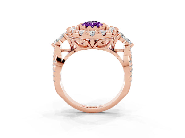Rose gold Pear Cut Amethyst Halo Ring with Pavé Band and Four-Prong Setting