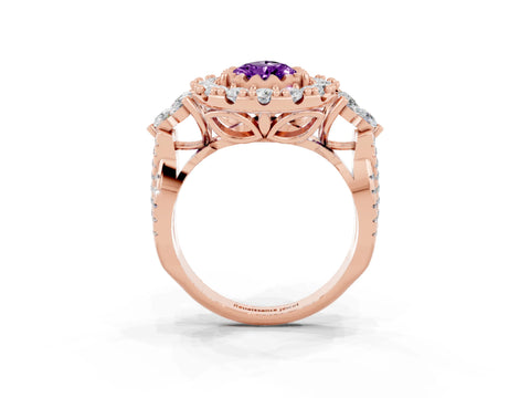 Rose gold Pear Cut Amethyst Halo Ring with Pavé Band and Four-Prong Setting_15