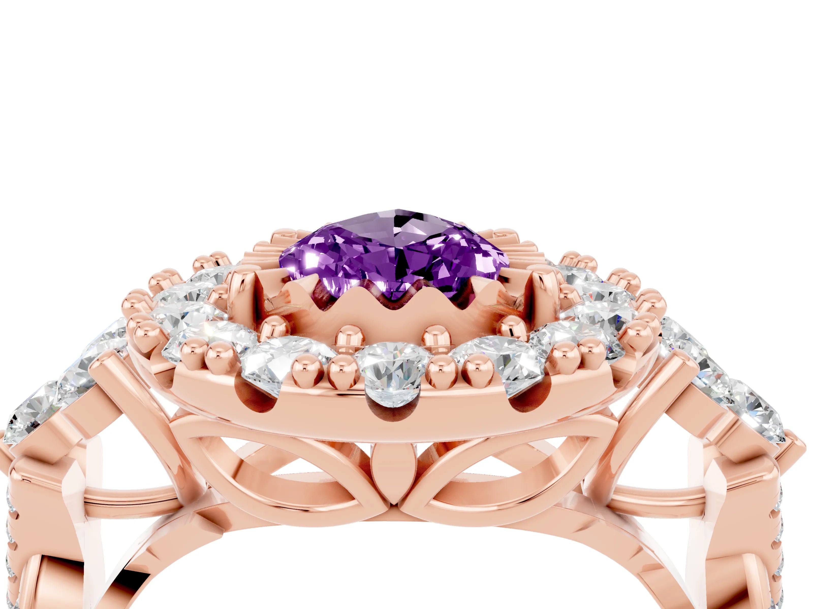 Rose gold Pear Cut Amethyst Halo Ring with Pavé Band and Four-Prong Setting_16