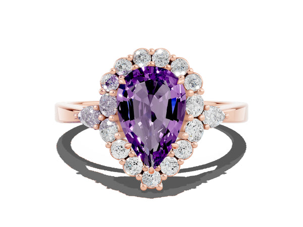 Rose gold Pear Cut Amethyst Halo Ring with Pear Side Stones and Prong Setting
