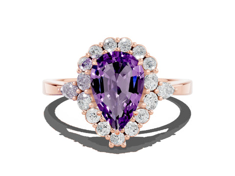 Rose gold Pear Cut Amethyst Halo Ring with Pear Side Stones and Prong Setting_12