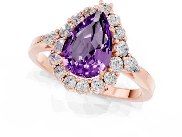 Rose gold Pear Cut Amethyst Halo Ring with Pear Side Stones and Prong Setting