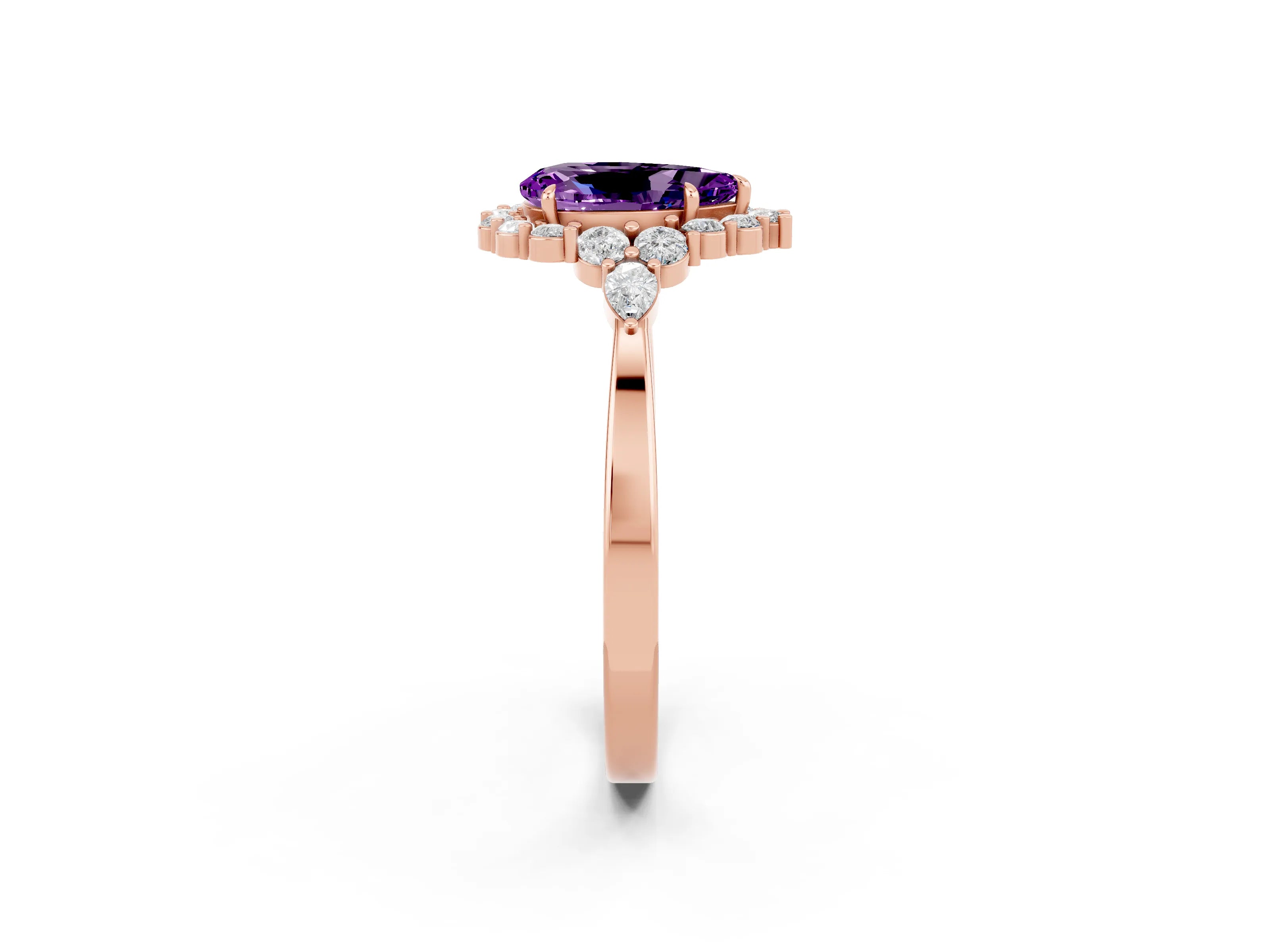 Rose gold Pear Cut Amethyst Halo Ring with Pear Side Stones and Prong Setting_14