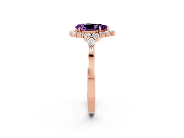 Rose gold Pear Cut Amethyst Halo Ring with Pear Side Stones and Prong Setting