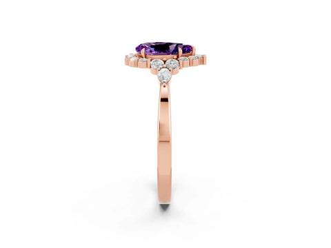 Rose gold Pear Cut Amethyst Halo Ring with Pear Side Stones and Prong Setting_14