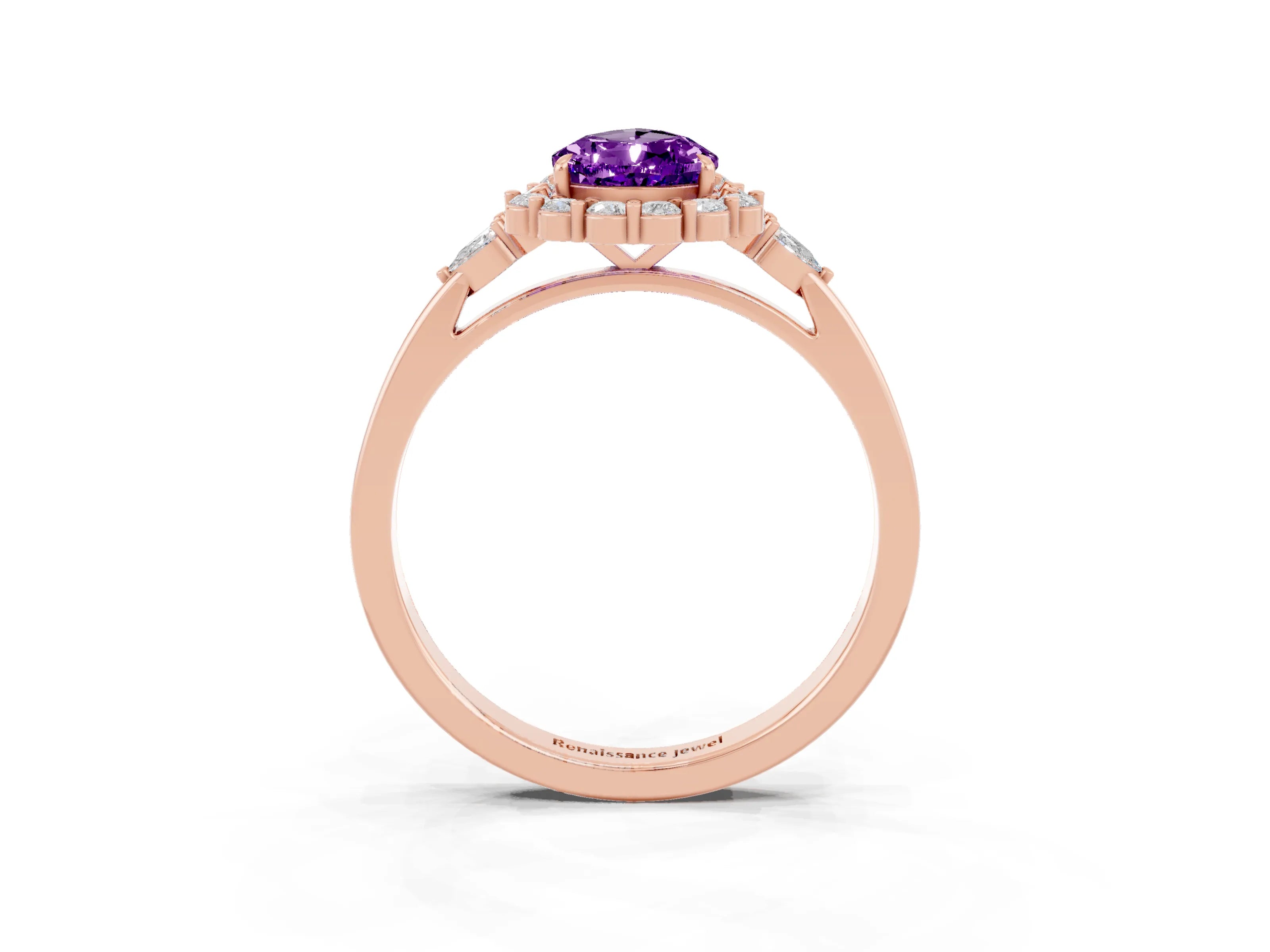 Rose gold Pear Cut Amethyst Halo Ring with Pear Side Stones and Prong Setting_15