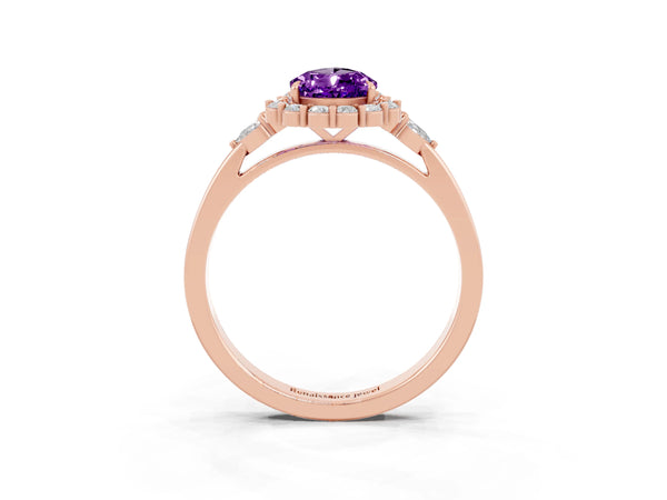 Rose gold Pear Cut Amethyst Halo Ring with Pear Side Stones and Prong Setting