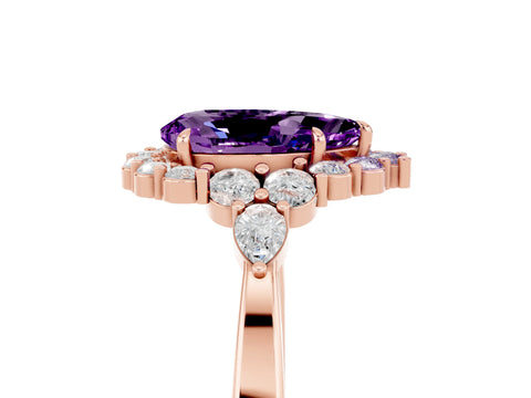 Rose gold Pear Cut Amethyst Halo Ring with Pear Side Stones and Prong Setting_17