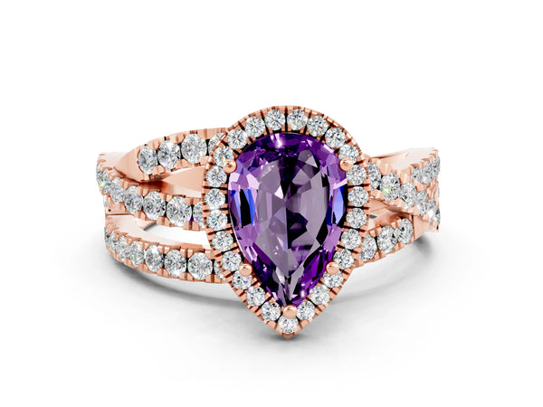 Rose gold Pear Cut Amethyst Halo Ring with Round Split Shank and Prong Setting