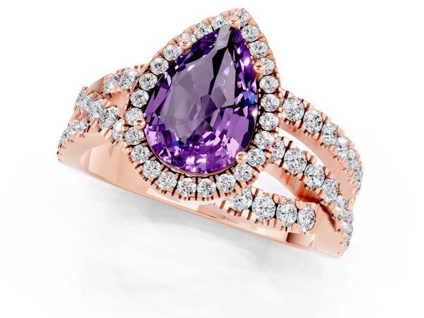 Rose gold Pear Cut Amethyst Halo Ring with Round Split Shank and Prong Setting