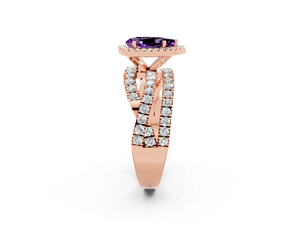 Rose gold Pear Cut Amethyst Halo Ring with Round Split Shank and Prong Setting