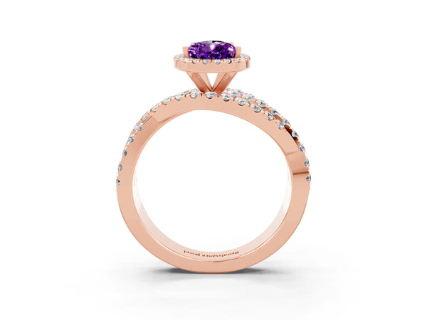 Rose gold Pear Cut Amethyst Halo Ring with Round Split Shank and Prong Setting