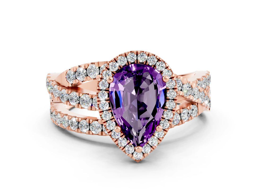 Rose gold Pear Cut Amethyst Halo Ring with Round Split Shank and Prong Setting_48