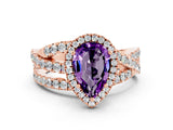 Rose gold Pear Cut Amethyst Halo Ring with Round Split Shank and Prong Setting_48