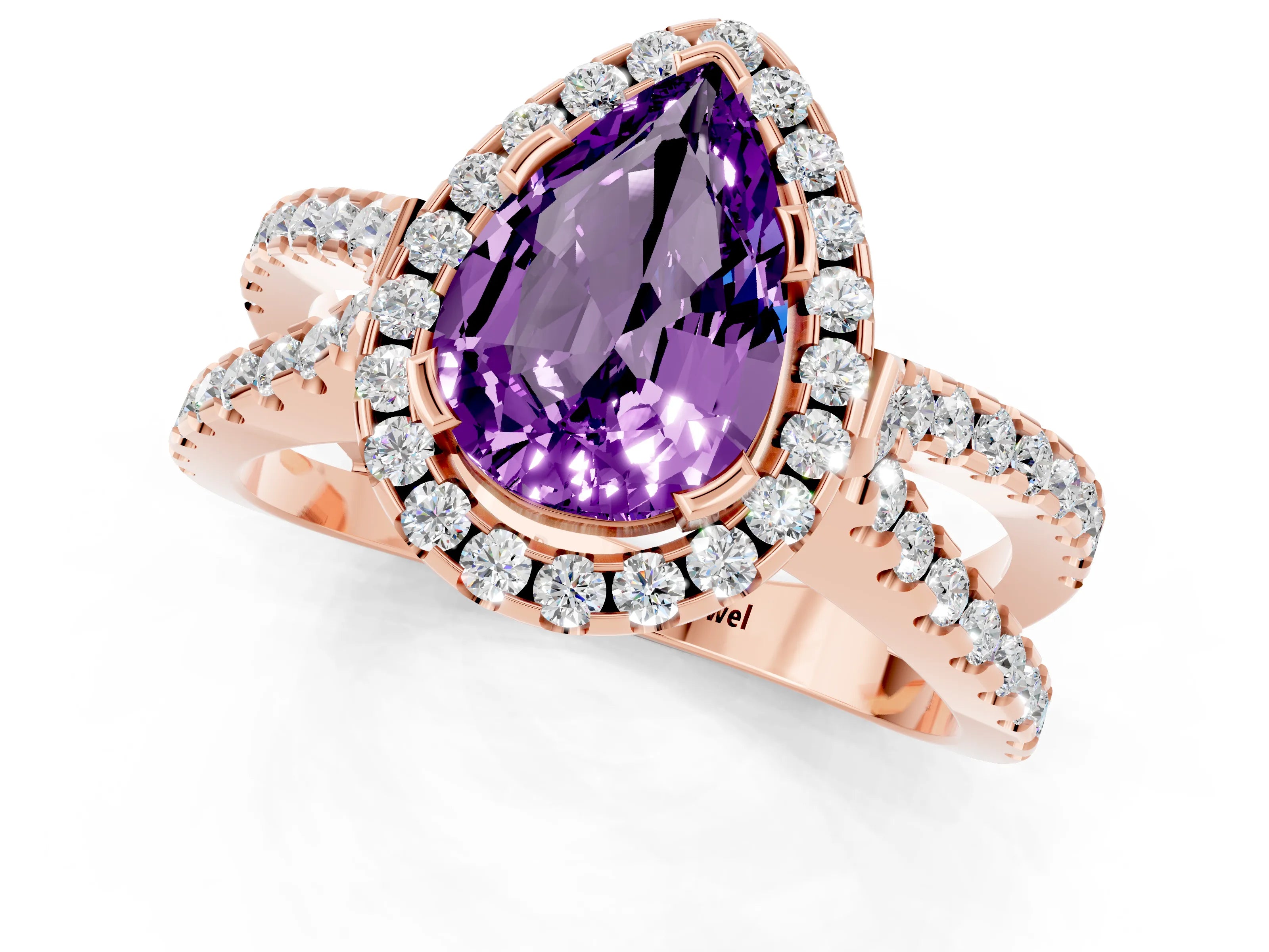 Rose gold Pear Cut Amethyst Halo Ring with Split Shank Pavé Band and Prong Setting_1