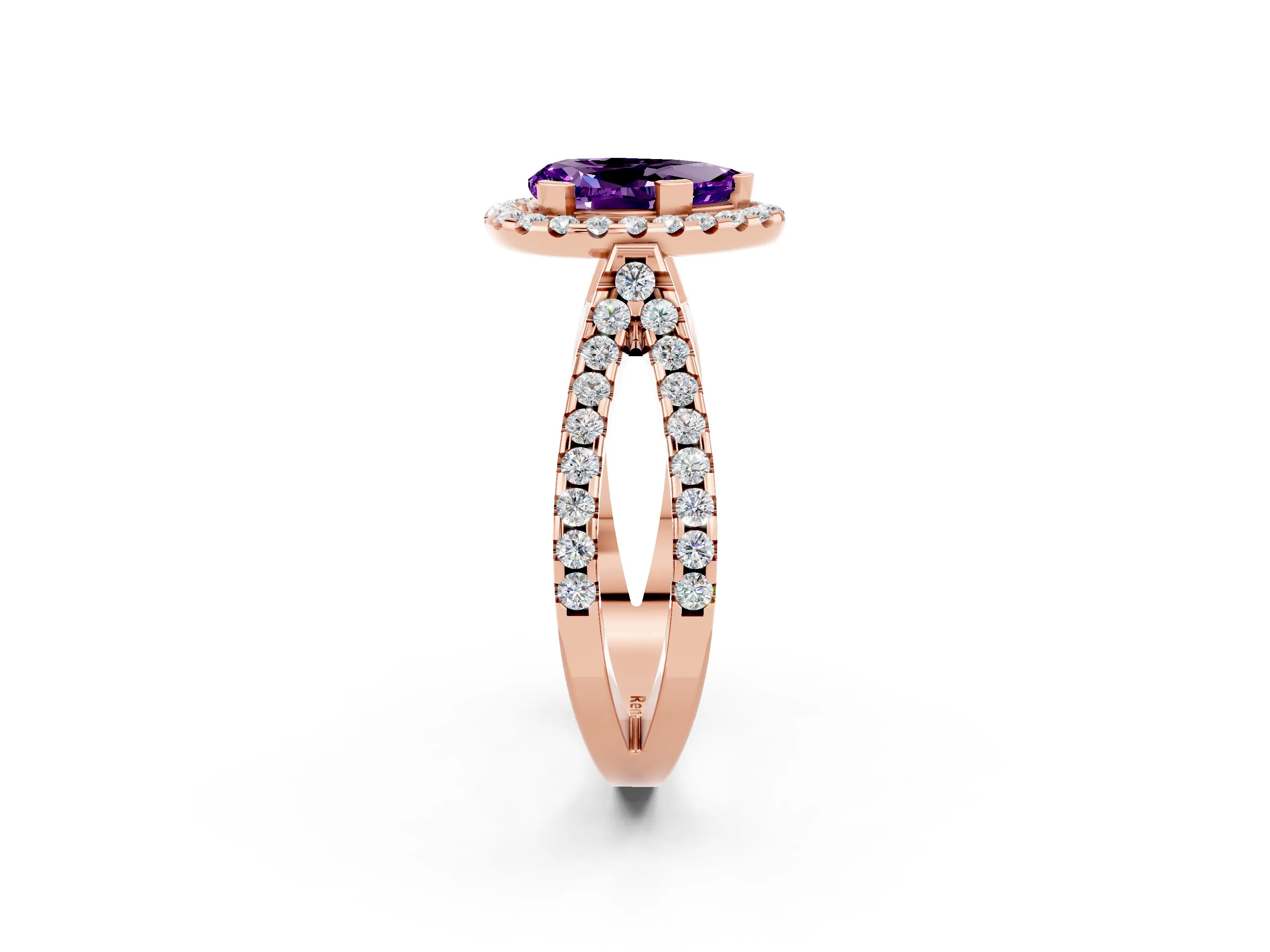 Rose gold Pear Cut Amethyst Halo Ring with Split Shank Pavé Band and Prong Setting_2