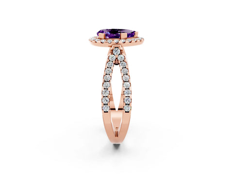 Rose gold Pear Cut Amethyst Halo Ring with Split Shank Pavé Band and Prong Setting_2