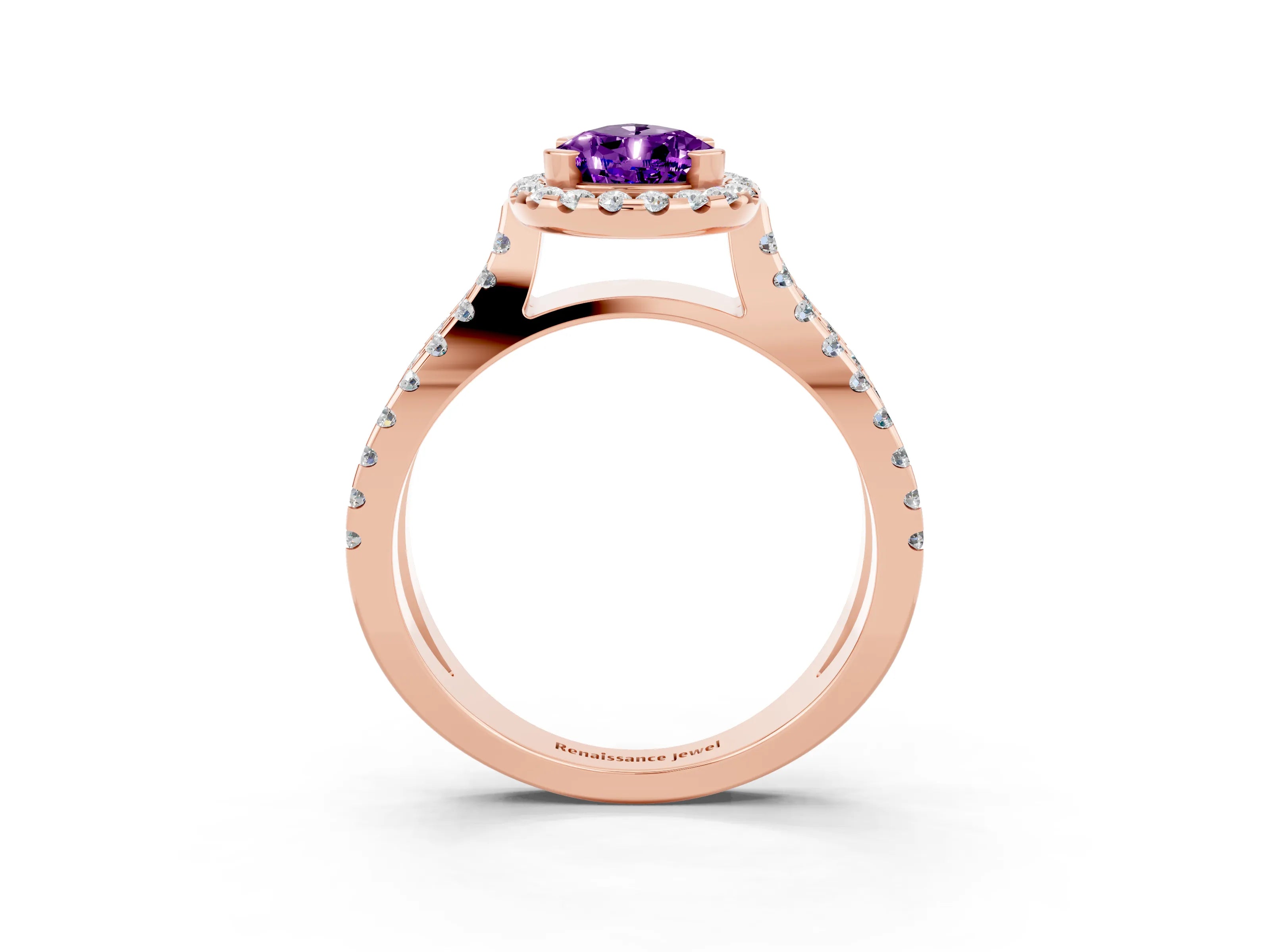Rose gold Pear Cut Amethyst Halo Ring with Split Shank Pavé Band and Prong Setting_3