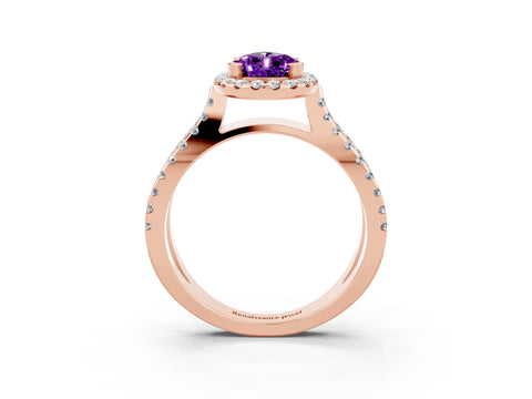 Rose gold Pear Cut Amethyst Halo Ring with Split Shank Pavé Band and Prong Setting_3
