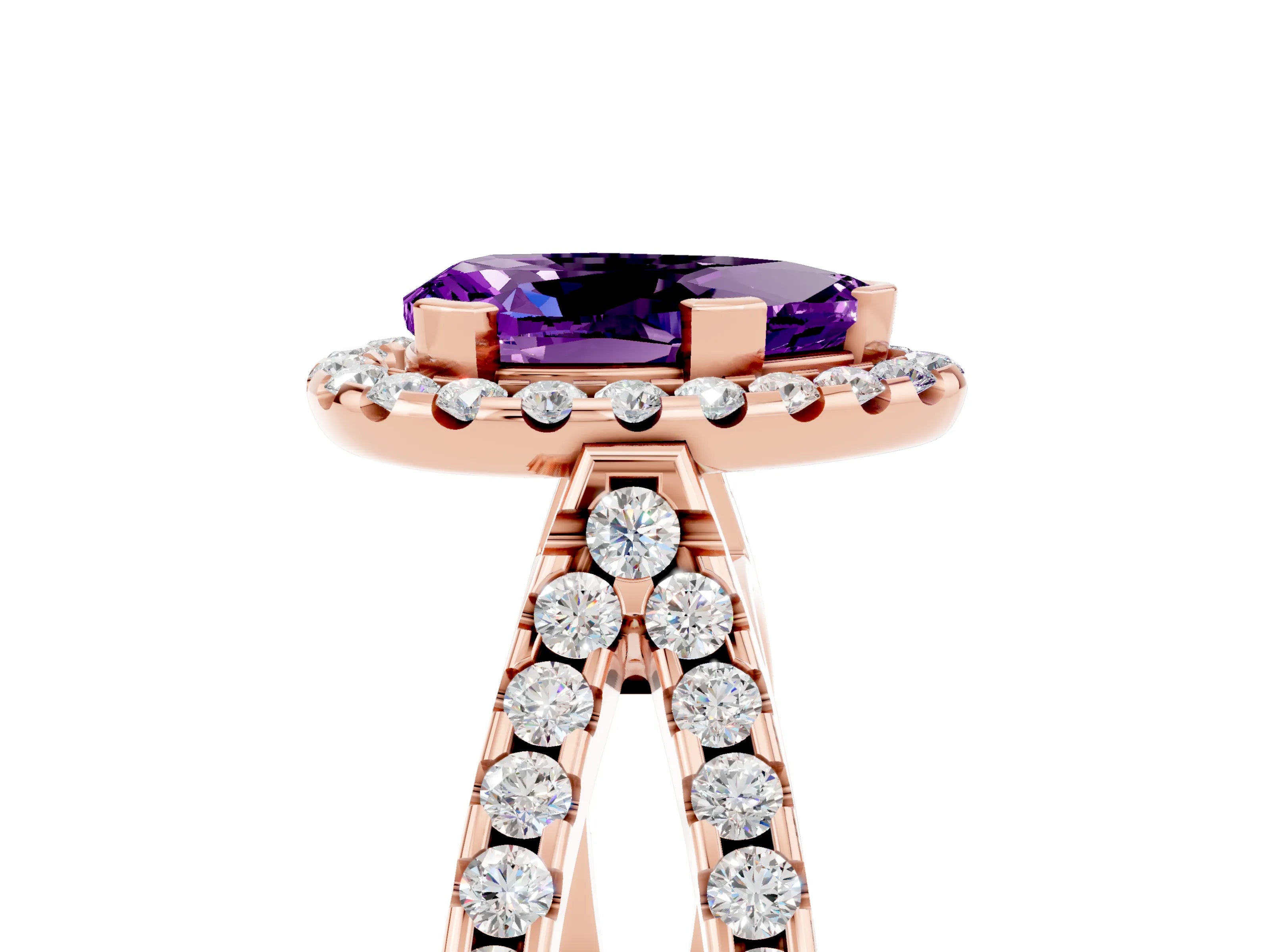 Rose gold Pear Cut Amethyst Halo Ring with Split Shank Pavé Band and Prong Setting_5