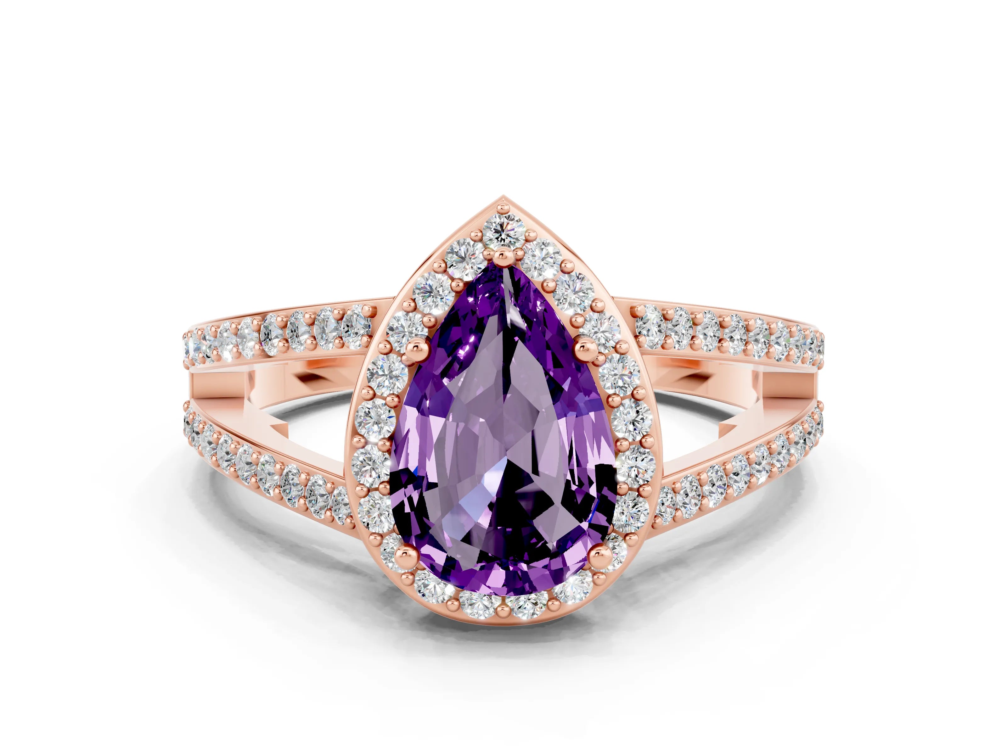 Rose gold Pear Cut Amethyst Halo Ring with Split Shank U-Prong Band and Four-Prong Setting