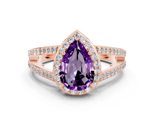Rose gold Pear Cut Amethyst Halo Ring with Split Shank U-Prong Band and Four-Prong Setting