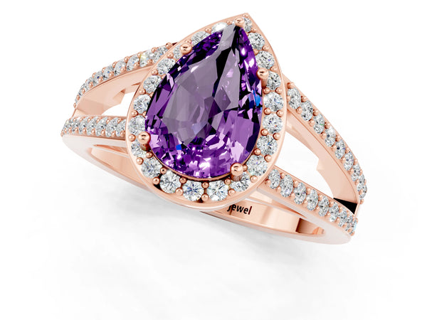 Rose gold Pear Cut Amethyst Halo Ring with Split Shank U-Prong Band and Four-Prong Setting