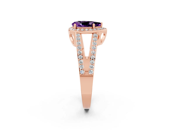 Rose gold Pear Cut Amethyst Halo Ring with Split Shank U-Prong Band and Four-Prong Setting