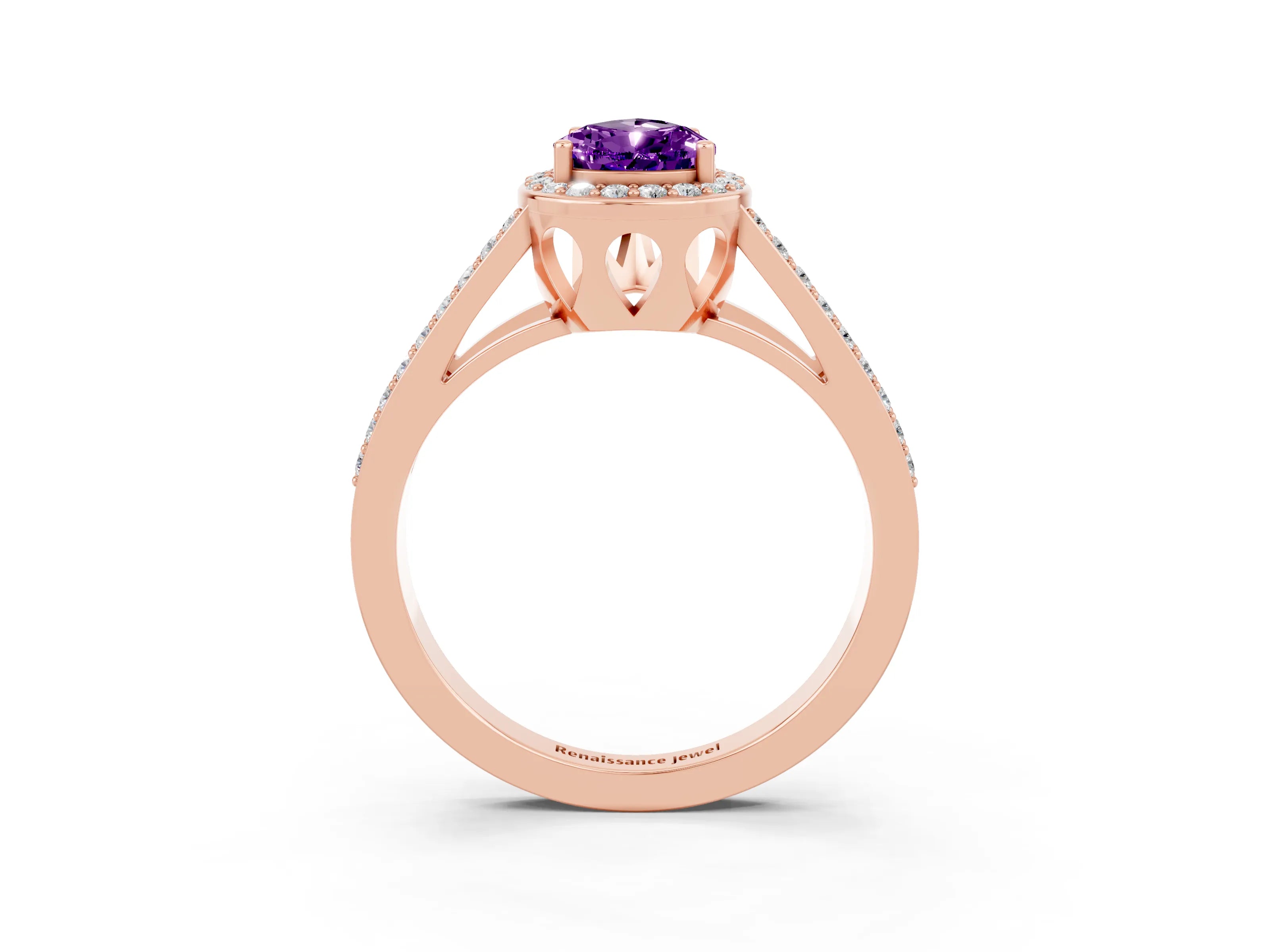 Rose gold Pear Cut Amethyst Halo Ring with Split Shank U-Prong Band and Four-Prong Setting_3