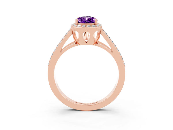 Rose gold Pear Cut Amethyst Halo Ring with Split Shank U-Prong Band and Four-Prong Setting