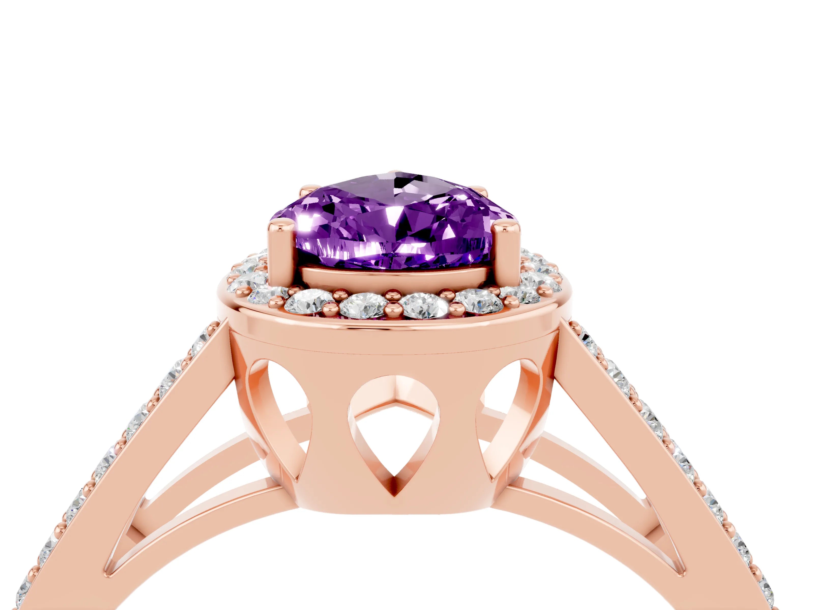 Rose gold Pear Cut Amethyst Halo Ring with Split Shank U-Prong Band and Four-Prong Setting_4