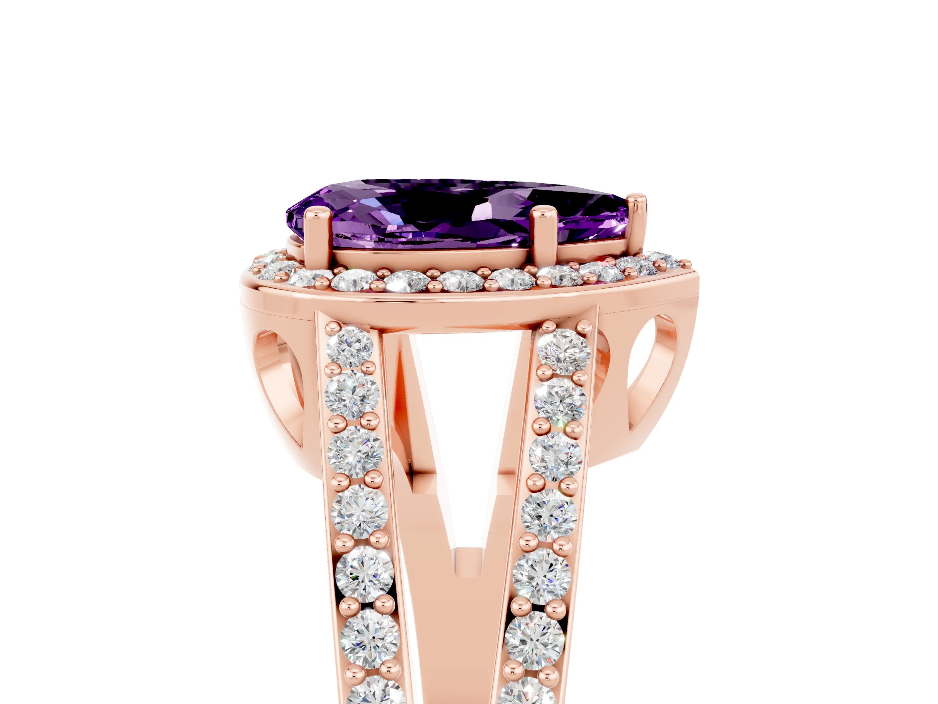 Rose gold Pear Cut Amethyst Halo Ring with Split Shank U-Prong Band and Four-Prong Setting_5