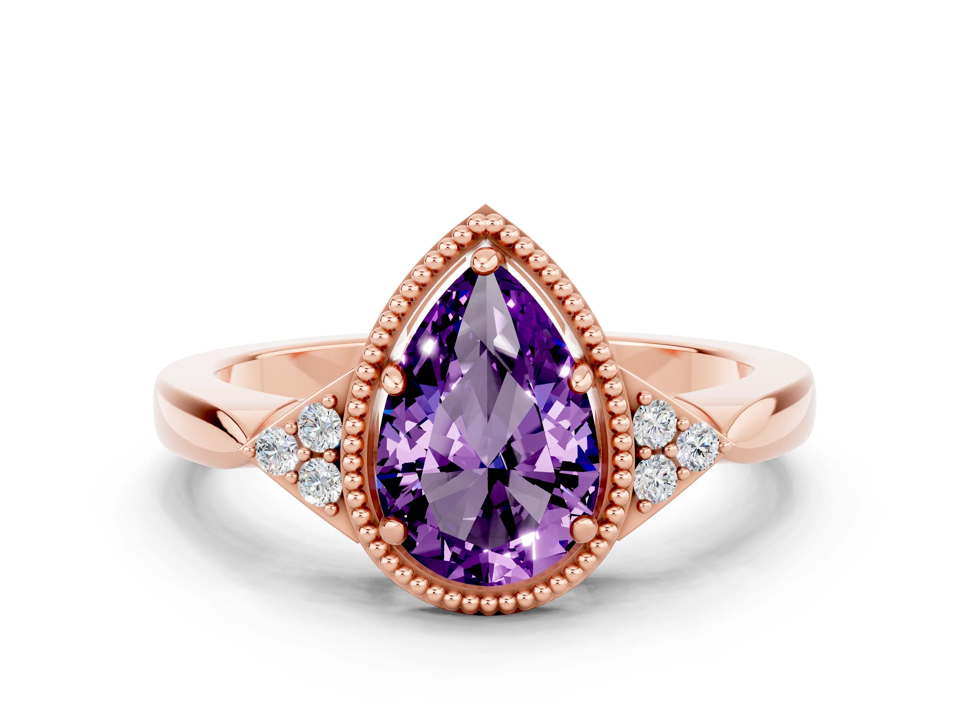 Rose gold Pear Cut Amethyst Halo Ring with Tapered Band and Four-Prong Setting