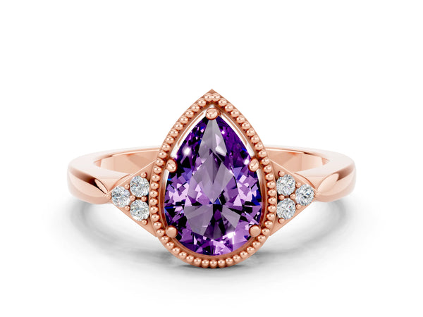 Rose gold Pear Cut Amethyst Halo Ring with Tapered Band and Four-Prong Setting