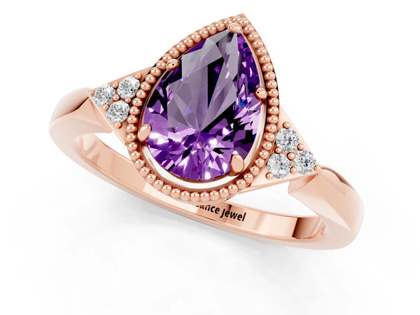 Rose gold Pear Cut Amethyst Halo Ring with Tapered Band and Four-Prong Setting