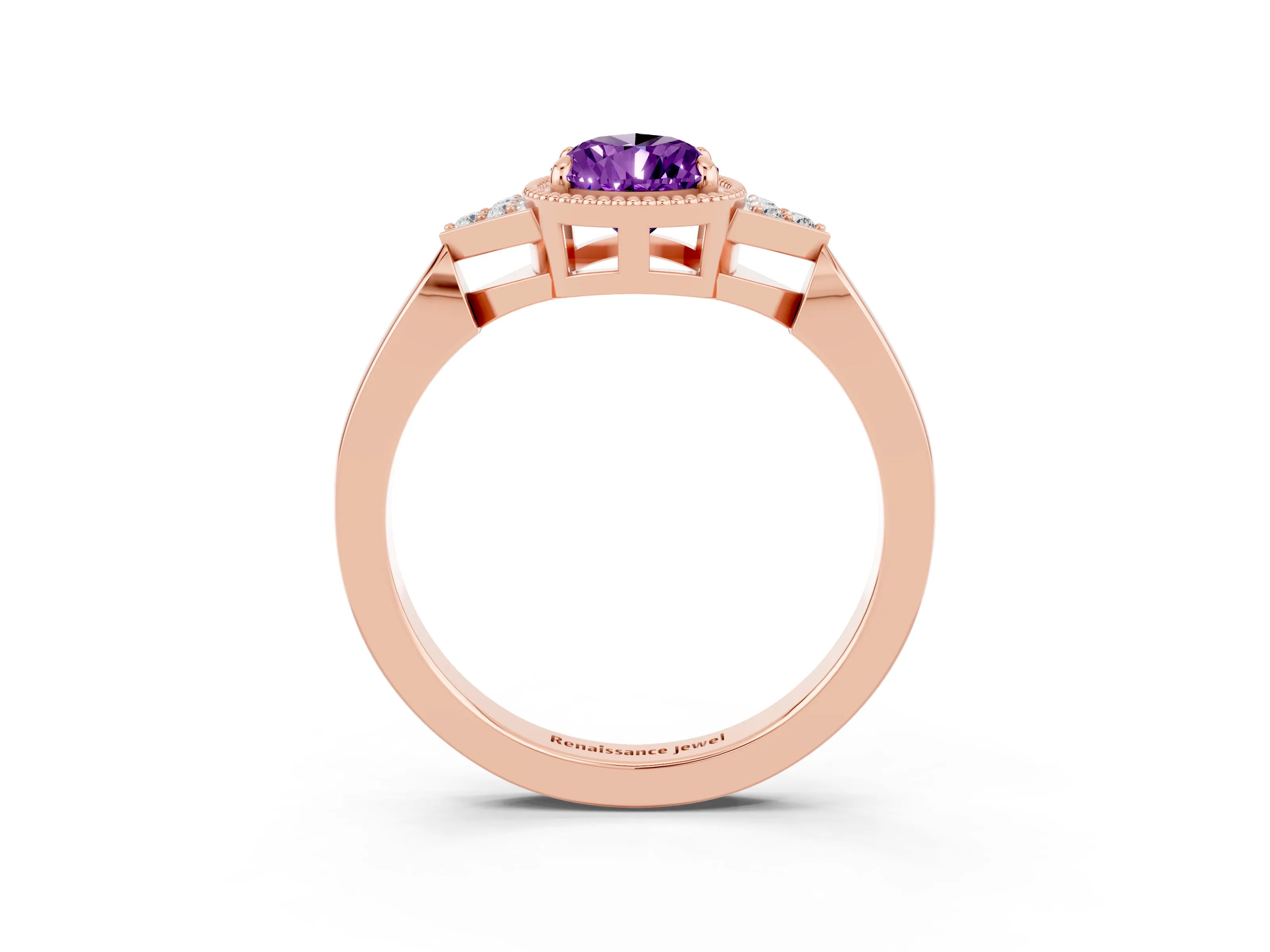 Rose gold Pear Cut Amethyst Halo Ring with Tapered Band and Four-Prong Setting_3