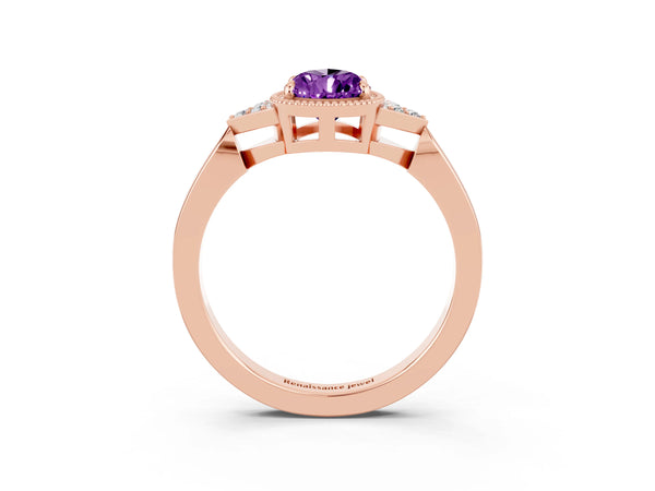 Rose gold Pear Cut Amethyst Halo Ring with Tapered Band and Four-Prong Setting