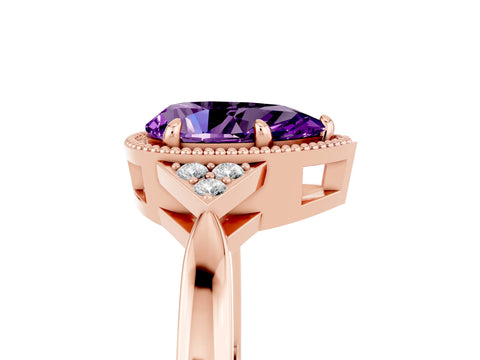 Rose gold Pear Cut Amethyst Halo Ring with Tapered Band and Four-Prong Setting_5