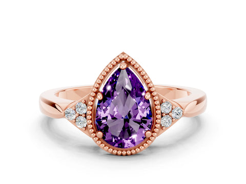 Rose gold Pear Cut Amethyst Halo Ring with Tapered Band and Four-Prong Setting