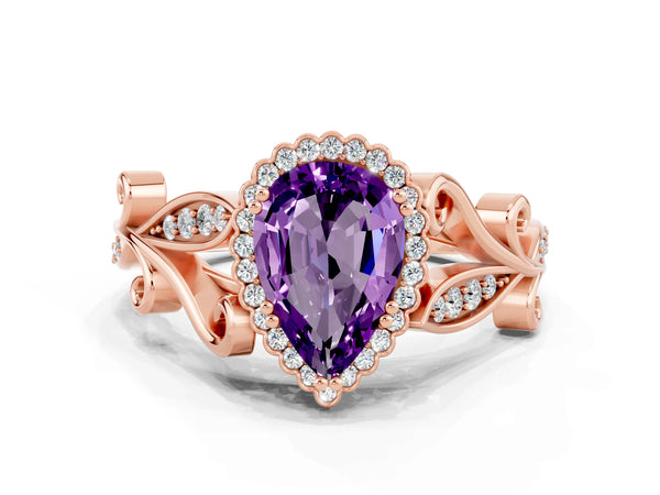 Rose gold Pear Cut Amethyst Halo Ring with Vintage Split Shank and Four-Prong Setting