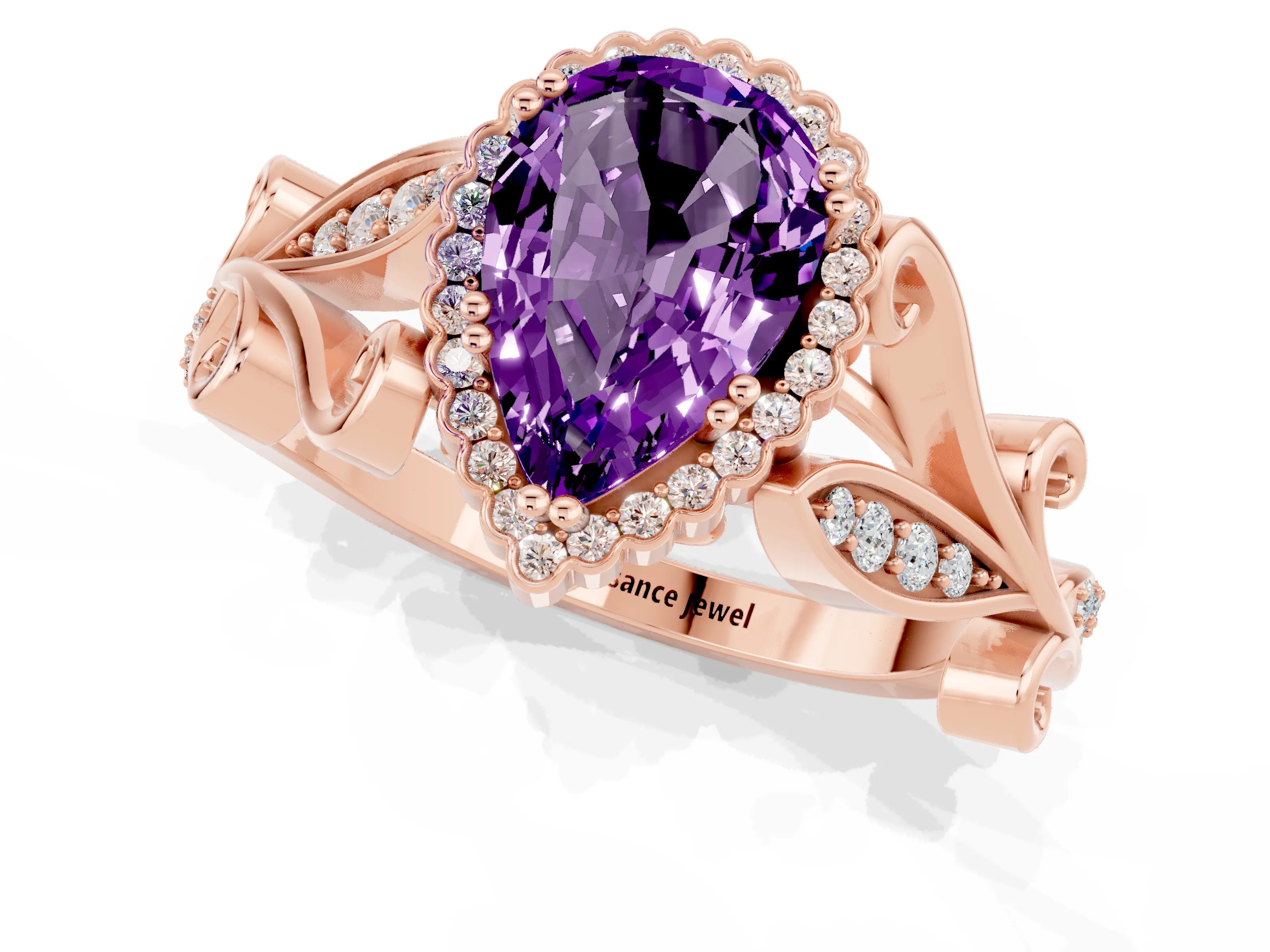 Rose gold Pear Cut Amethyst Halo Ring with Vintage Split Shank and Four-Prong Setting_1