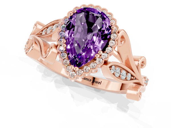 Rose gold Pear Cut Amethyst Halo Ring with Vintage Split Shank and Four-Prong Setting