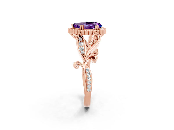 Rose gold Pear Cut Amethyst Halo Ring with Vintage Split Shank and Four-Prong Setting