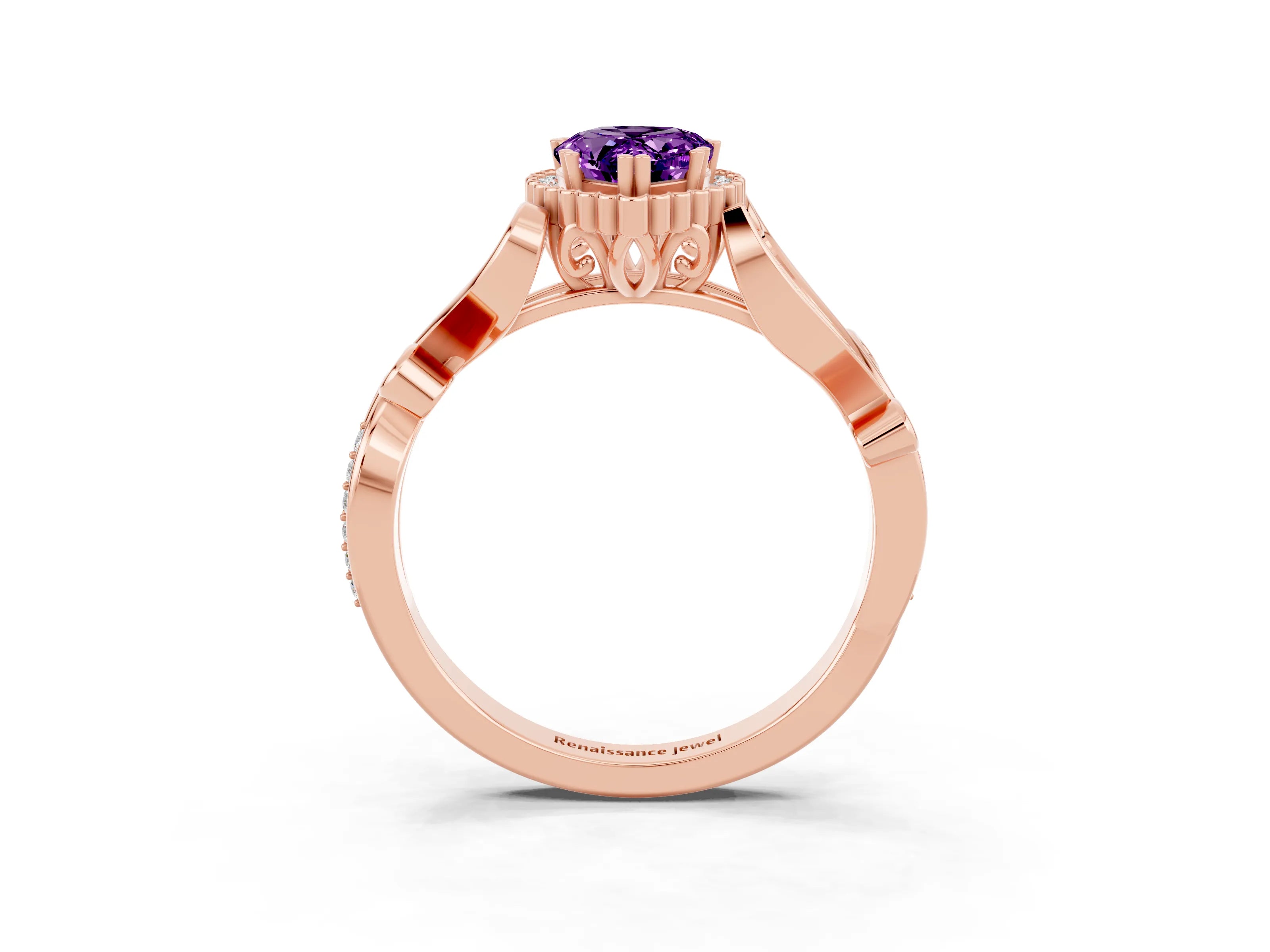 Rose gold Pear Cut Amethyst Halo Ring with Vintage Split Shank and Four-Prong Setting_3