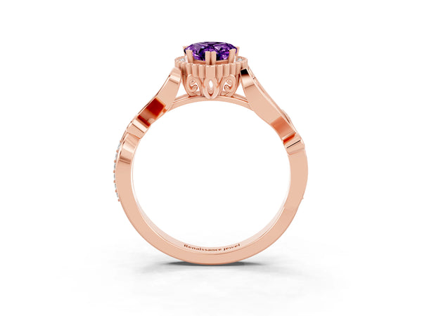Rose gold Pear Cut Amethyst Halo Ring with Vintage Split Shank and Four-Prong Setting